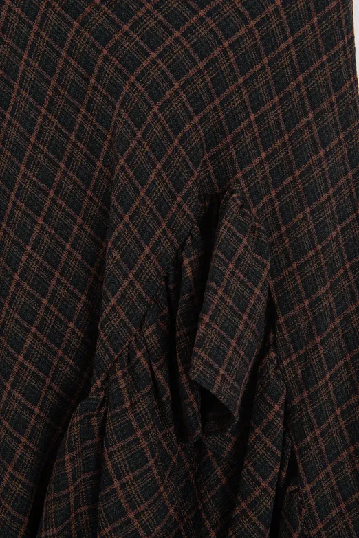 Bayan Haki Ekoseli Asimetrik Fırfırlı  Midi Etek - BSL