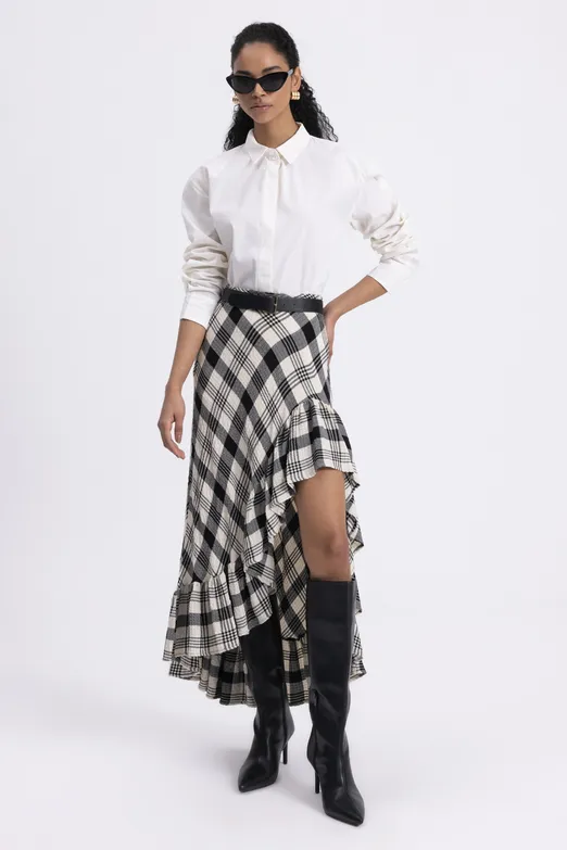 Bayan Siyah Ekoseli Asimetrik Fırfırlı  Midi Etek - BSL