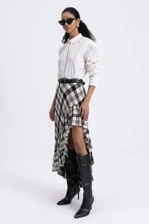 Bayan Siyah Ekoseli Asimetrik Fırfırlı  Midi Etek - BSL