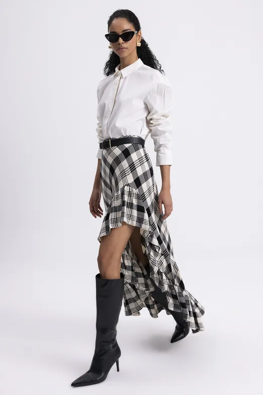 Bayan Siyah Ekoseli Asimetrik Fırfırlı  Midi Etek - BSL