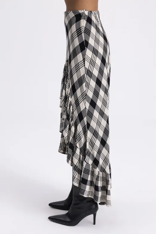 Bayan Siyah Ekoseli Asimetrik Fırfırlı  Midi Etek - BSL