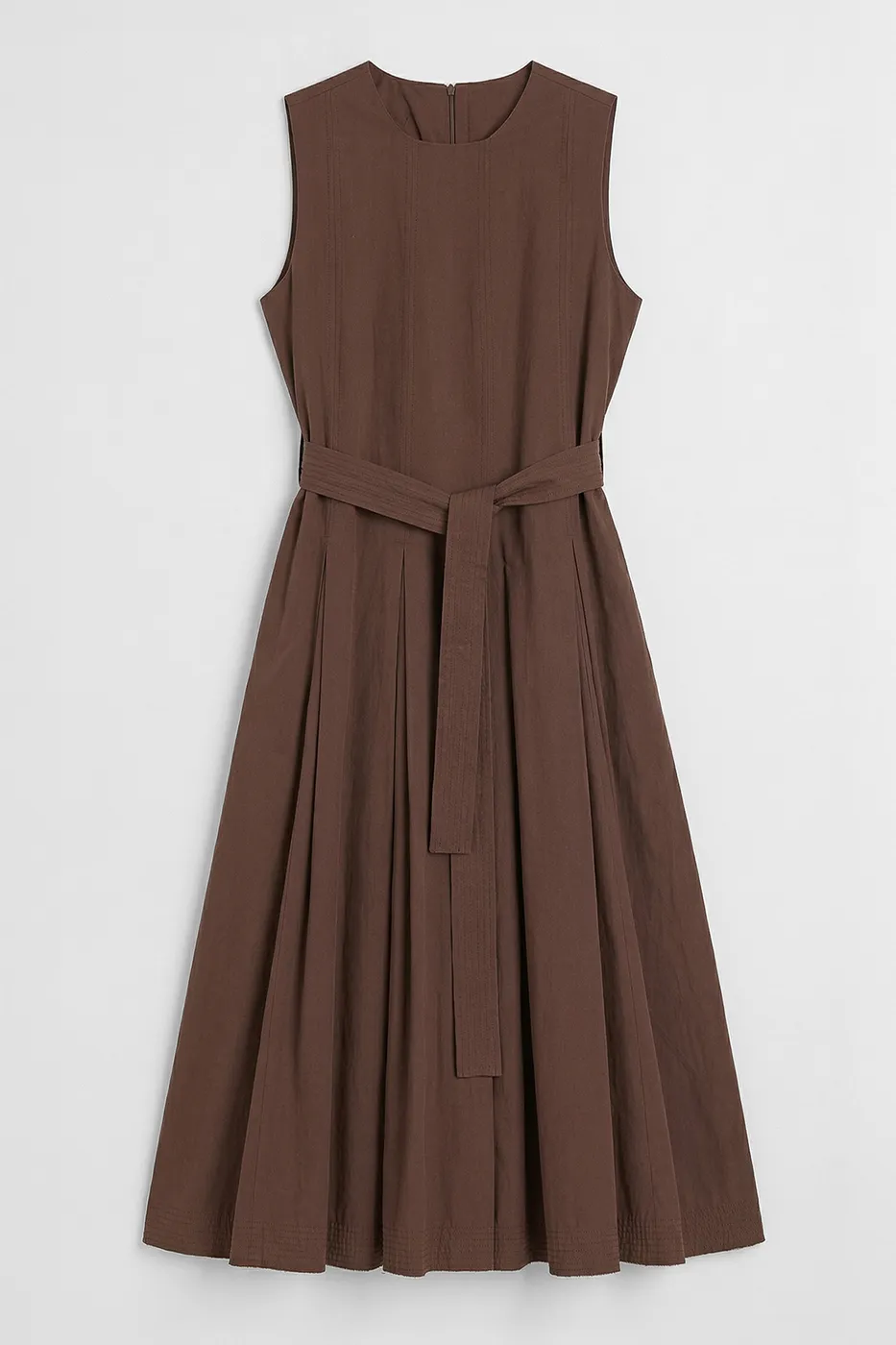 Bayan Kahverengi Pileli Coton Midi Elbise