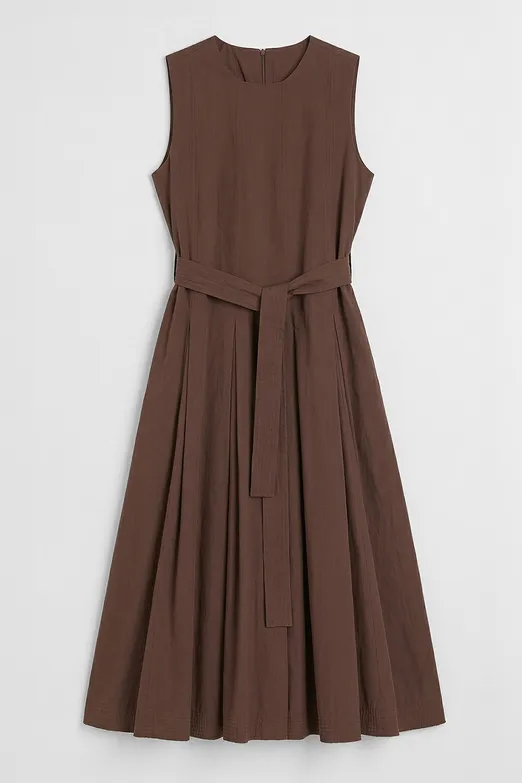 Bayan Kahverengi Pileli Coton Midi Elbise - BSL