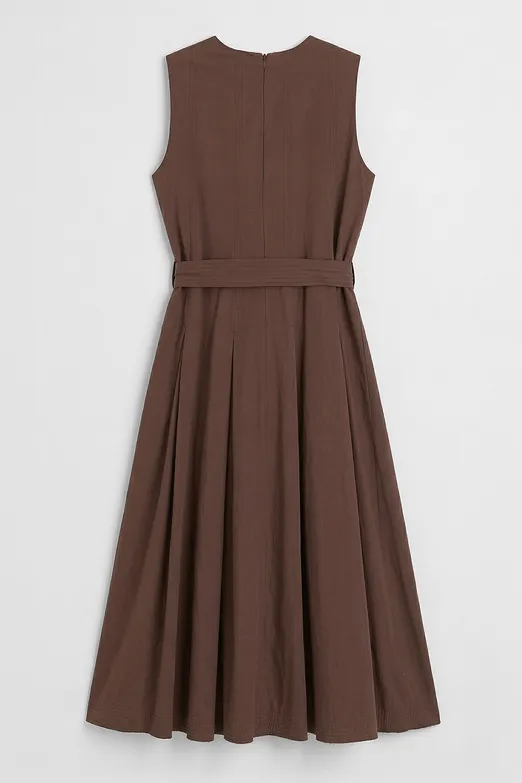 Bayan Kahverengi Pileli Coton Midi Elbise - BSL