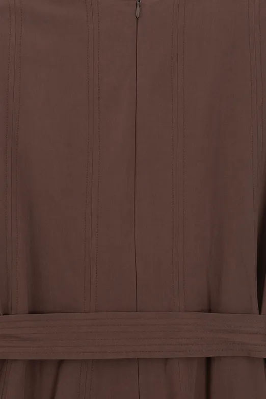 Bayan Kahverengi Pileli Coton Midi Elbise - BSL