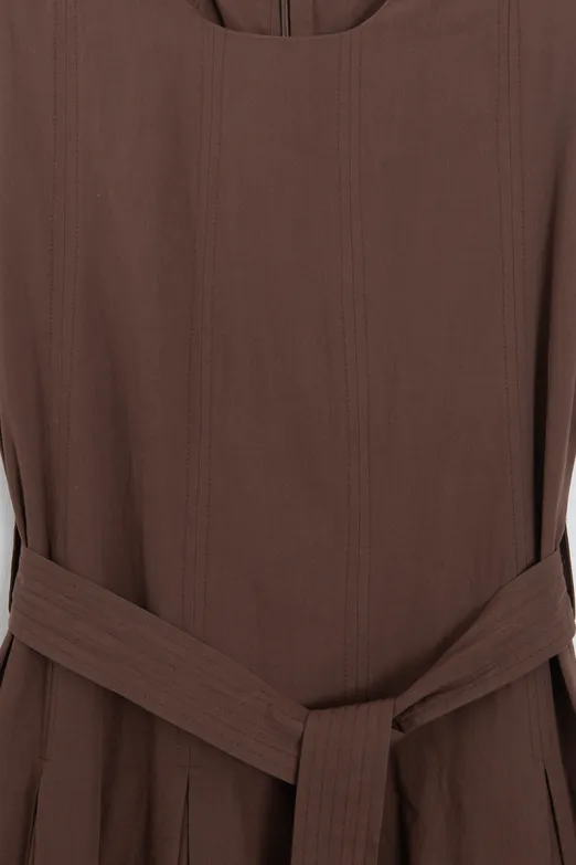 Bayan Kahverengi Pileli Coton Midi Elbise - BSL