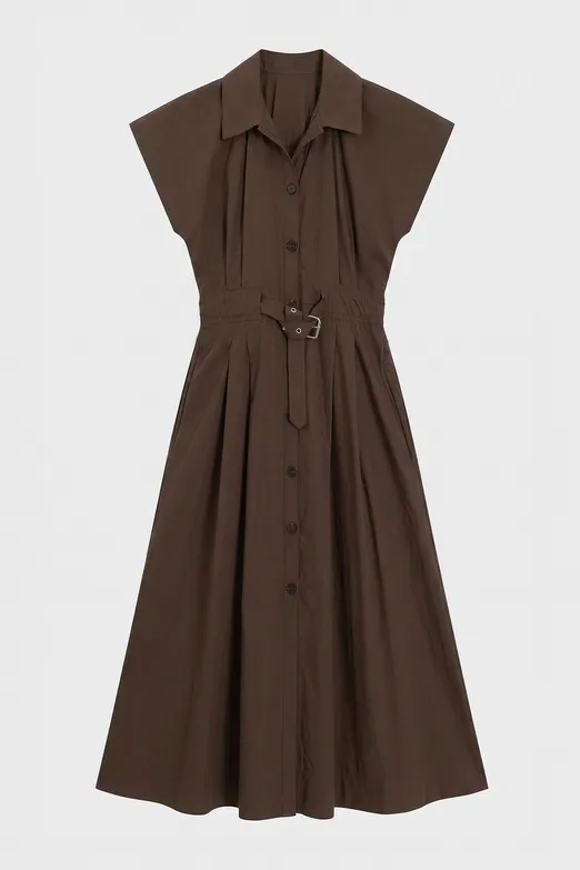 Bayan Kahverengi Pileli Maksi Cotton Elbise - BSL