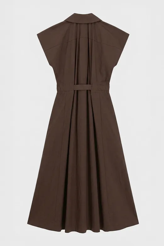 Bayan Kahverengi Pileli Maksi Cotton Elbise - BSL