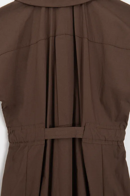 Bayan Kahverengi Pileli Maksi Cotton Elbise - BSL