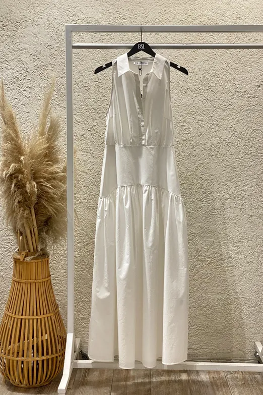 Bayan Beyaz Korsajlı Maksi Elbise - BSL