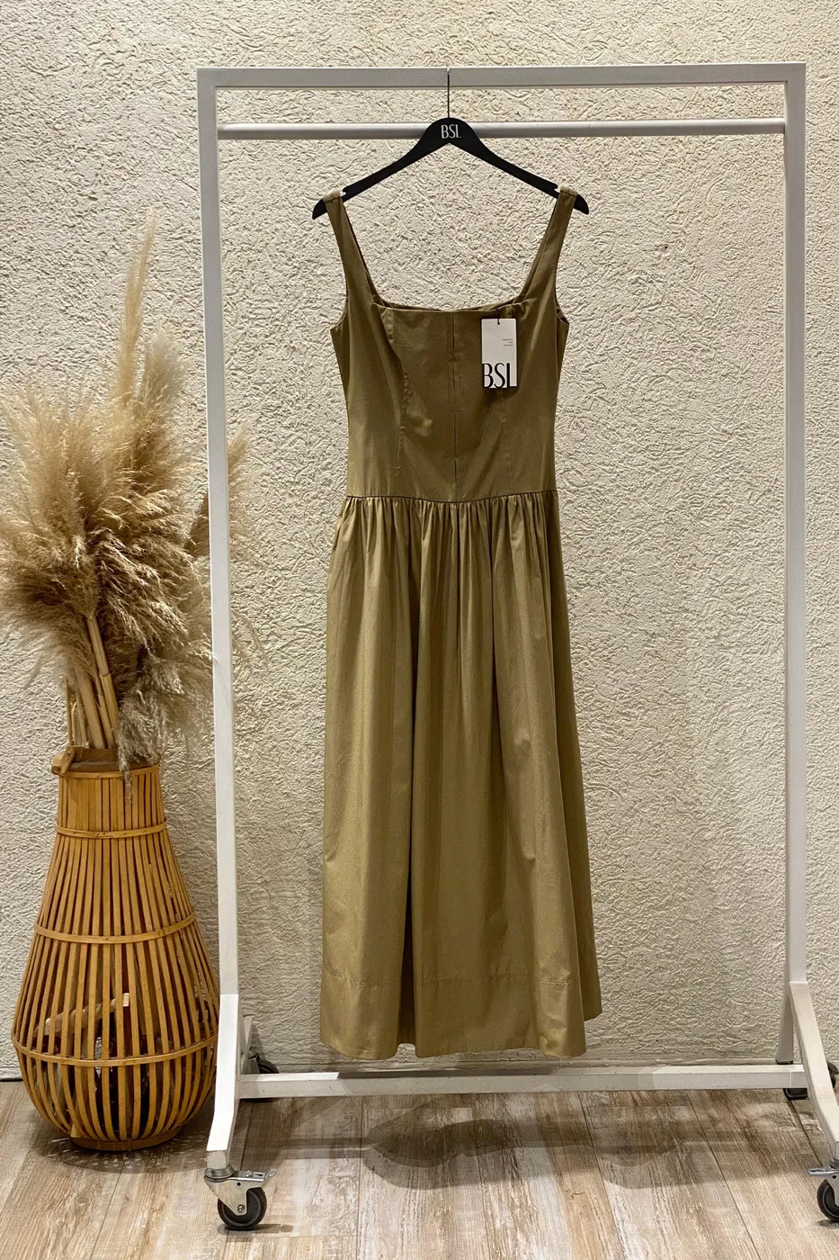 Bayan Haki Askılı Cotton Midi Elbise