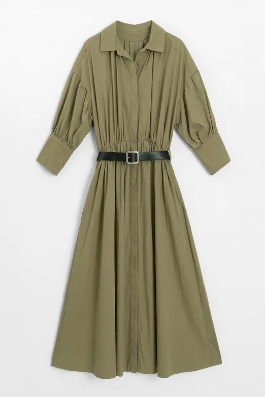 Bayan Haki Büzgülü Midi Gömlek Elbise - BSL