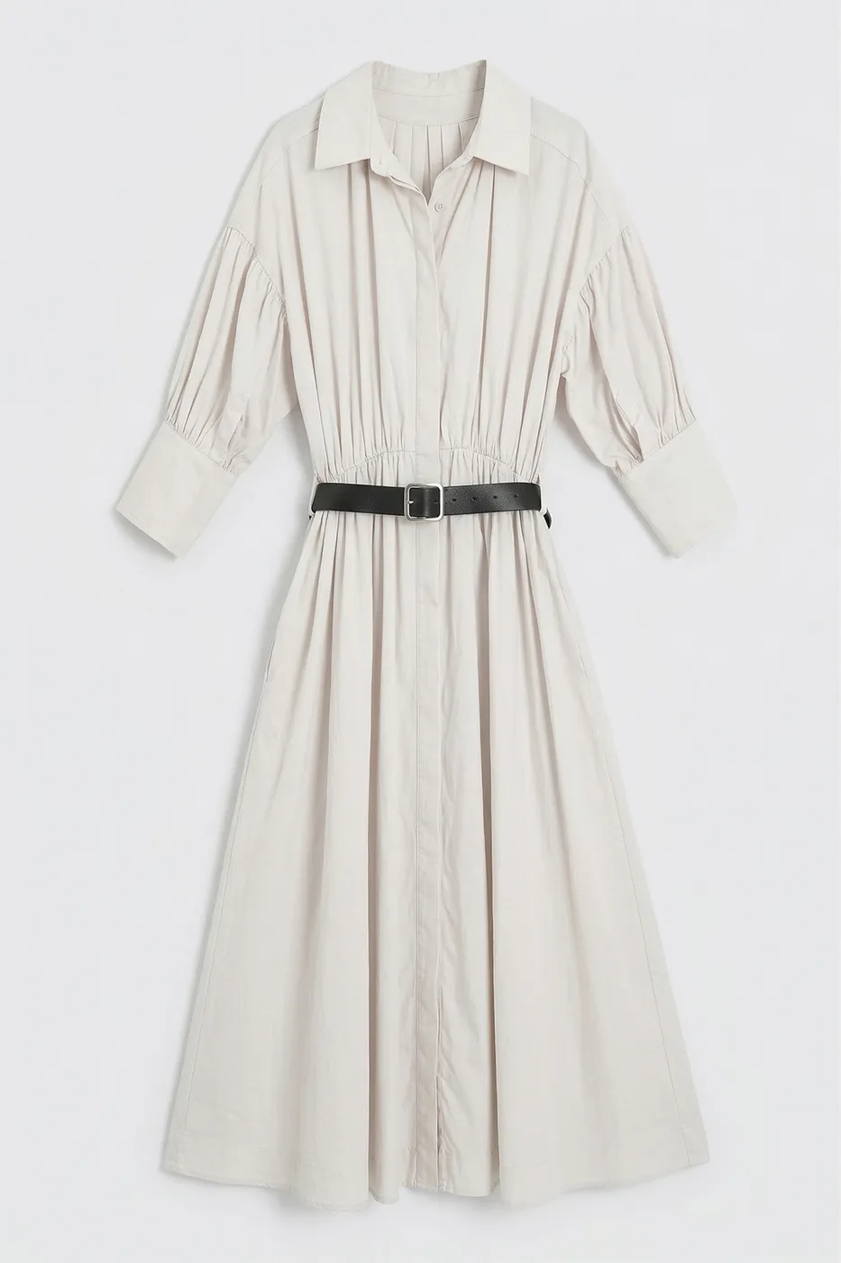 Bayan Krem Büzgülü Midi Gömlek Elbise