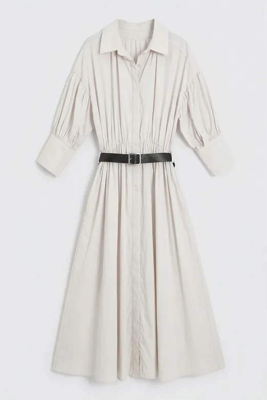 Bayan Krem Büzgülü Midi Gömlek Elbise - BSL