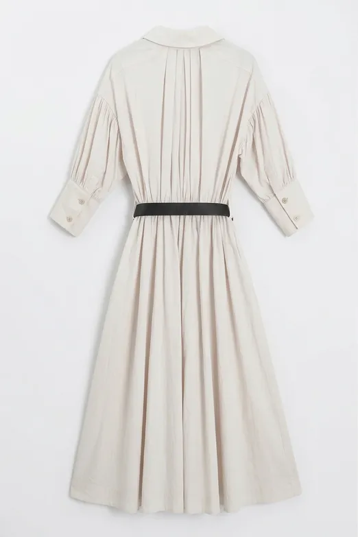 Bayan Krem Büzgülü Midi Gömlek Elbise - BSL