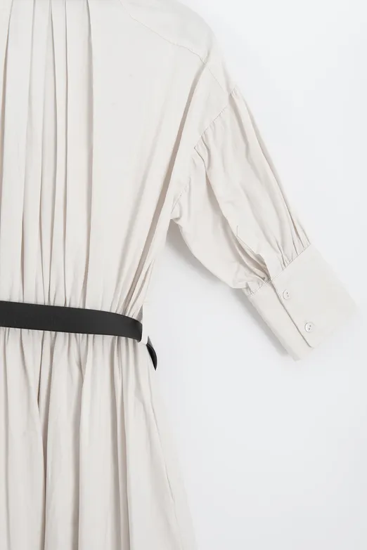 Bayan Krem Büzgülü Midi Gömlek Elbise - BSL