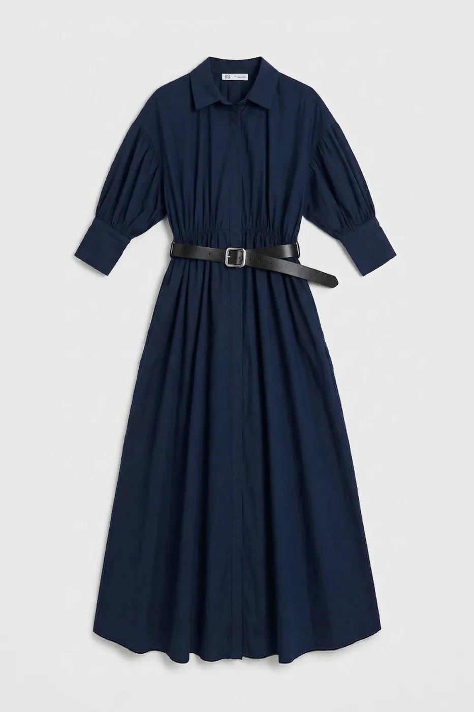 Bayan Lacivert Büzgülü Midi Gömlek Elbise