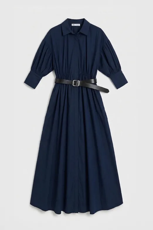 Bayan Lacivert Büzgülü Midi Gömlek Elbise - BSL