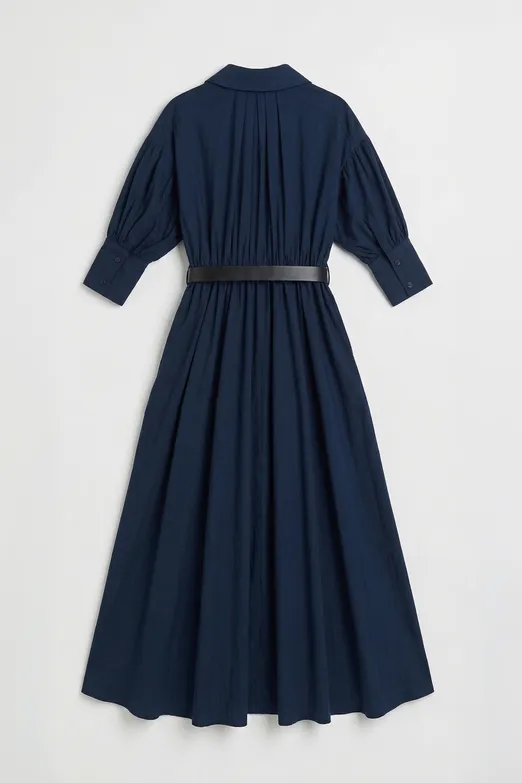 Bayan Lacivert Büzgülü Midi Gömlek Elbise - BSL