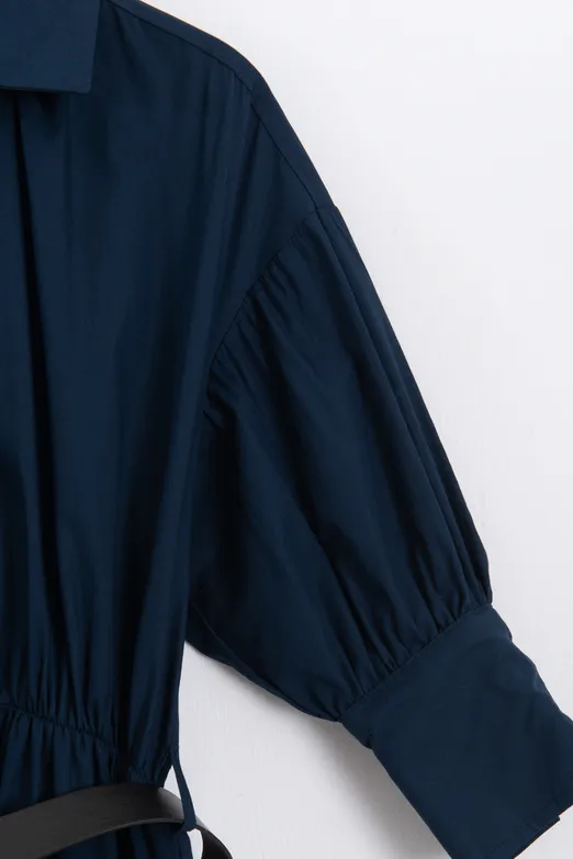 Bayan Lacivert Büzgülü Midi Gömlek Elbise - BSL