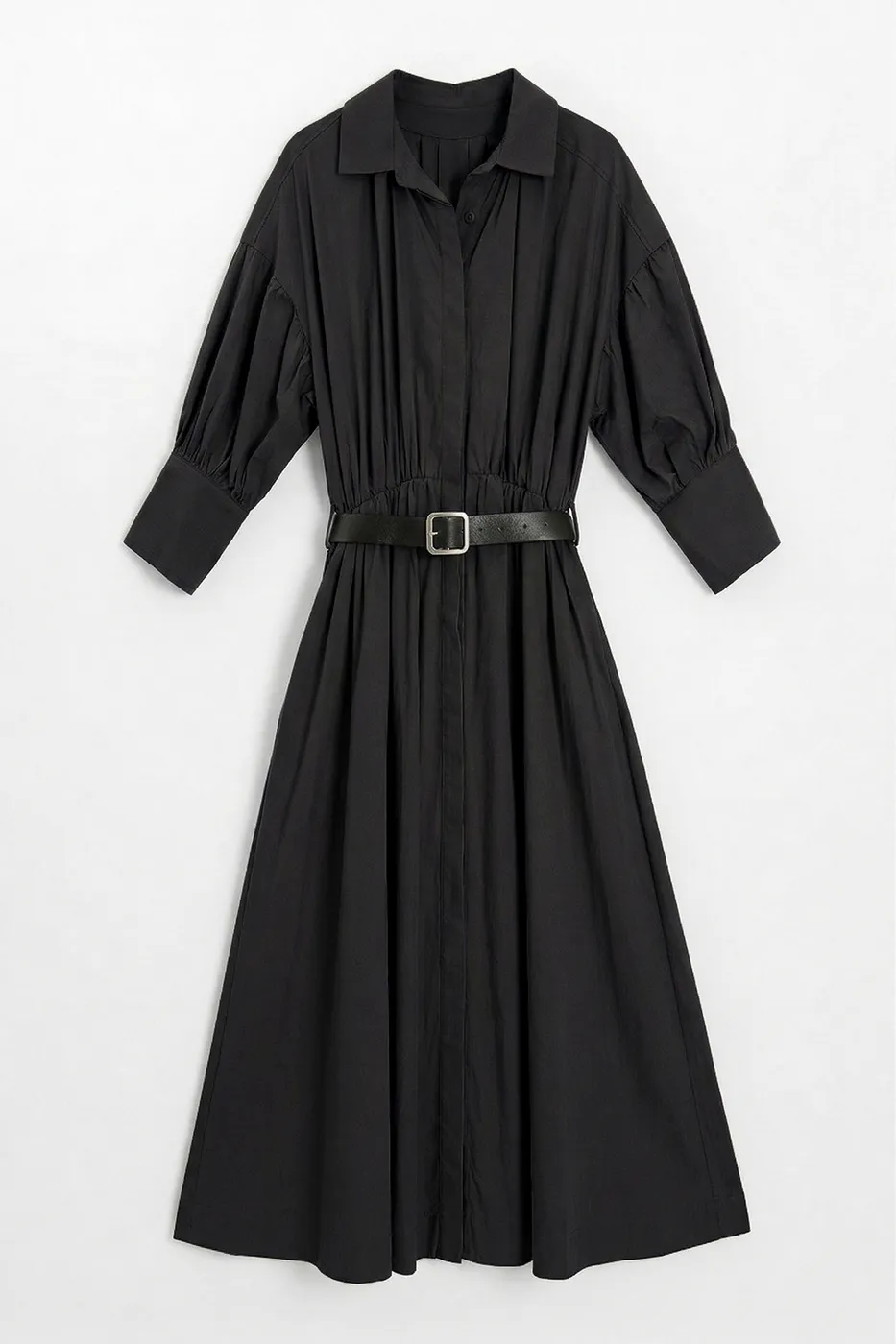 Bayan Siyah Büzgülü Midi Gömlek Elbise