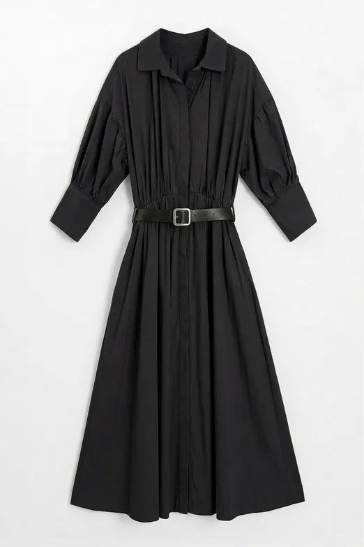 Bayan Siyah Büzgülü Midi Gömlek Elbise - BSL