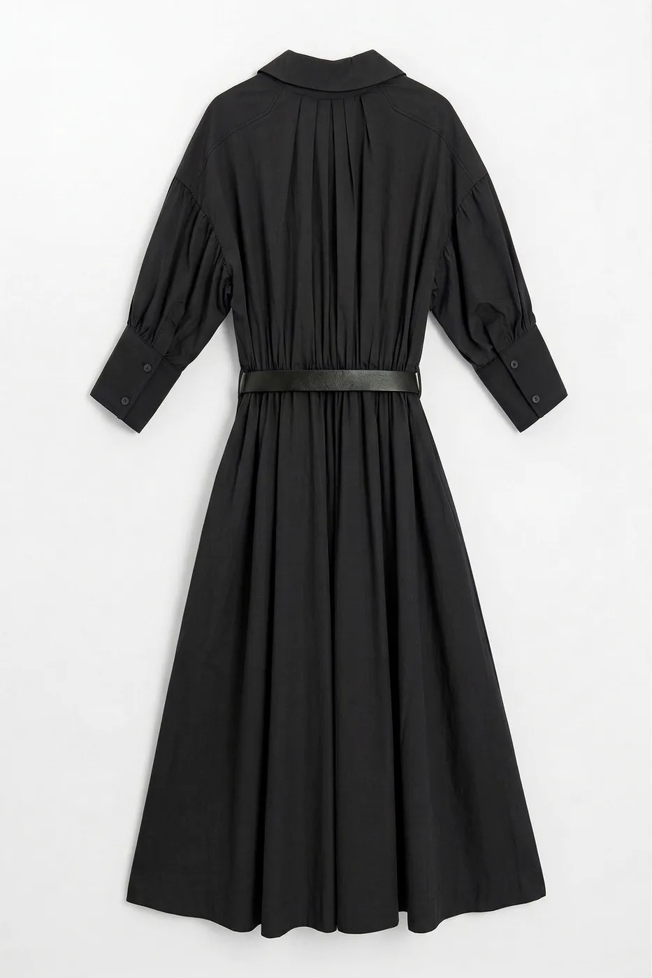 Bayan Siyah Büzgülü Midi Gömlek Elbise