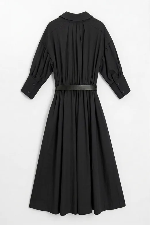 Bayan Siyah Büzgülü Midi Gömlek Elbise - BSL