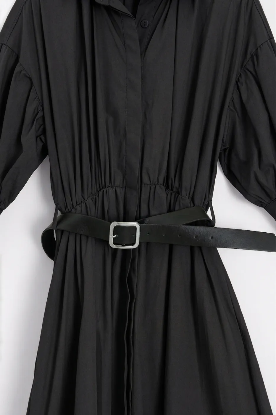 Bayan Siyah Büzgülü Midi Gömlek Elbise
