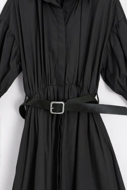 Bayan Siyah Büzgülü Midi Gömlek Elbise - BSL