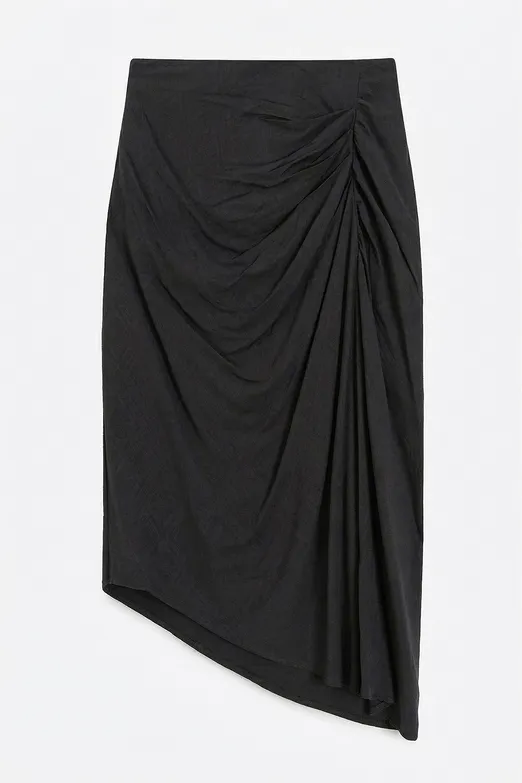 Bayan Antrasit Drapeli Asimetrik Etek Ucu  Detaylı Midi Boy Etek - BSL