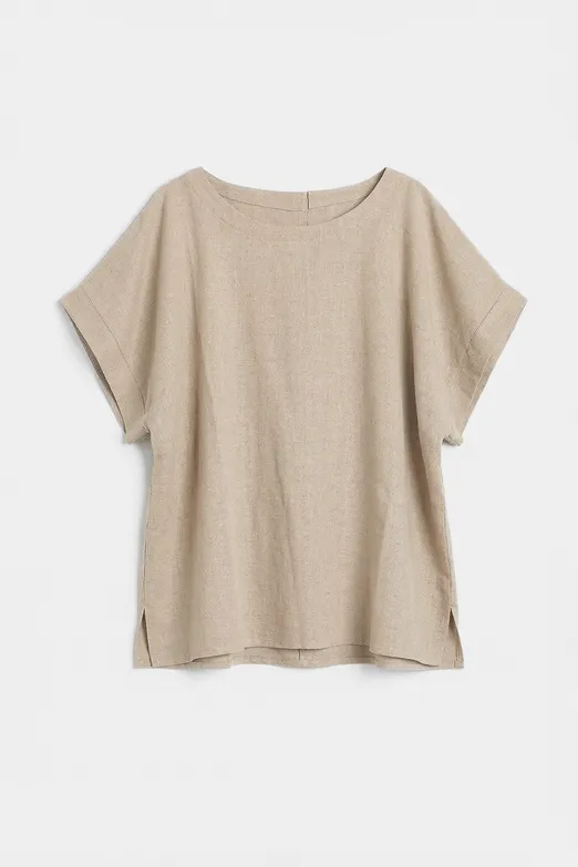 Bayan Bej Keten Karışım Oversize Bluz - BSL