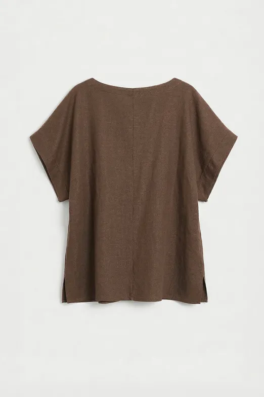 Bayan Kahverengi Keten Karışım Oversize Bluz - BSL