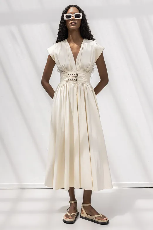 Bayan Ekru Büzgülü Midi Kloş Elbise - BSL