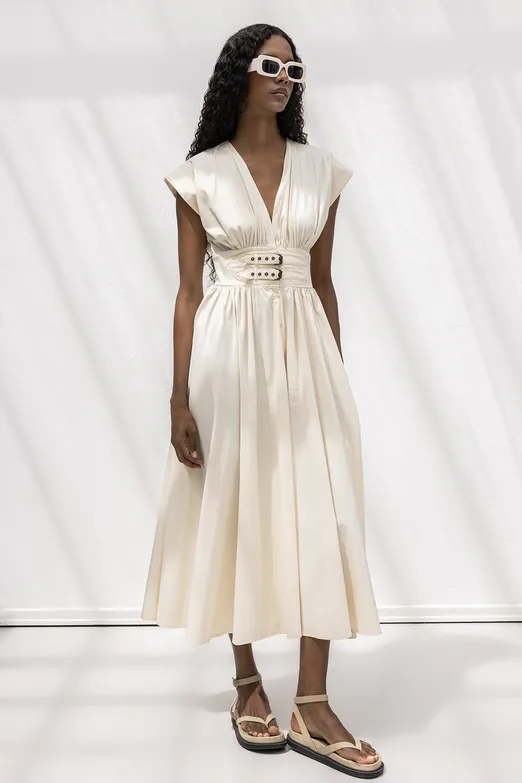 Bayan Ekru Büzgülü Midi Kloş Elbise - BSL