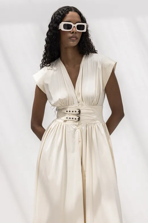 Bayan Ekru Büzgülü Midi Kloş Elbise - BSL