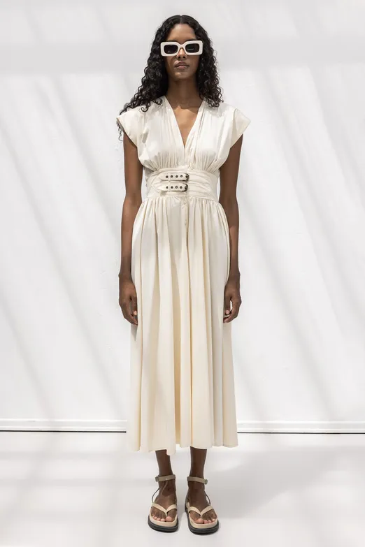 Bayan Ekru Büzgülü Midi Kloş Elbise - BSL