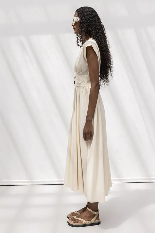 Bayan Ekru Büzgülü Midi Kloş Elbise - BSL