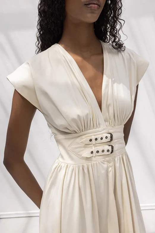 Bayan Ekru Büzgülü Midi Kloş Elbise - BSL