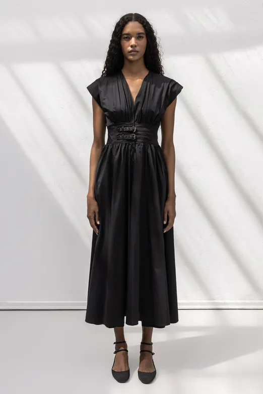 Bayan Siyah Büzgülü Midi Kloş Elbise - BSL