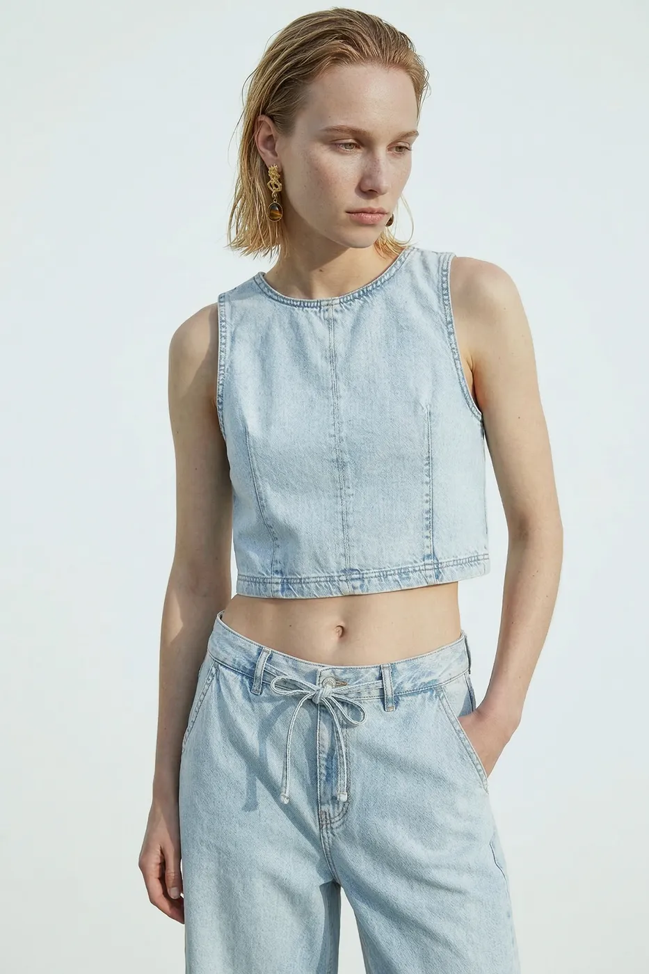 Bayan Mavi Kolsuz Denim Bluz