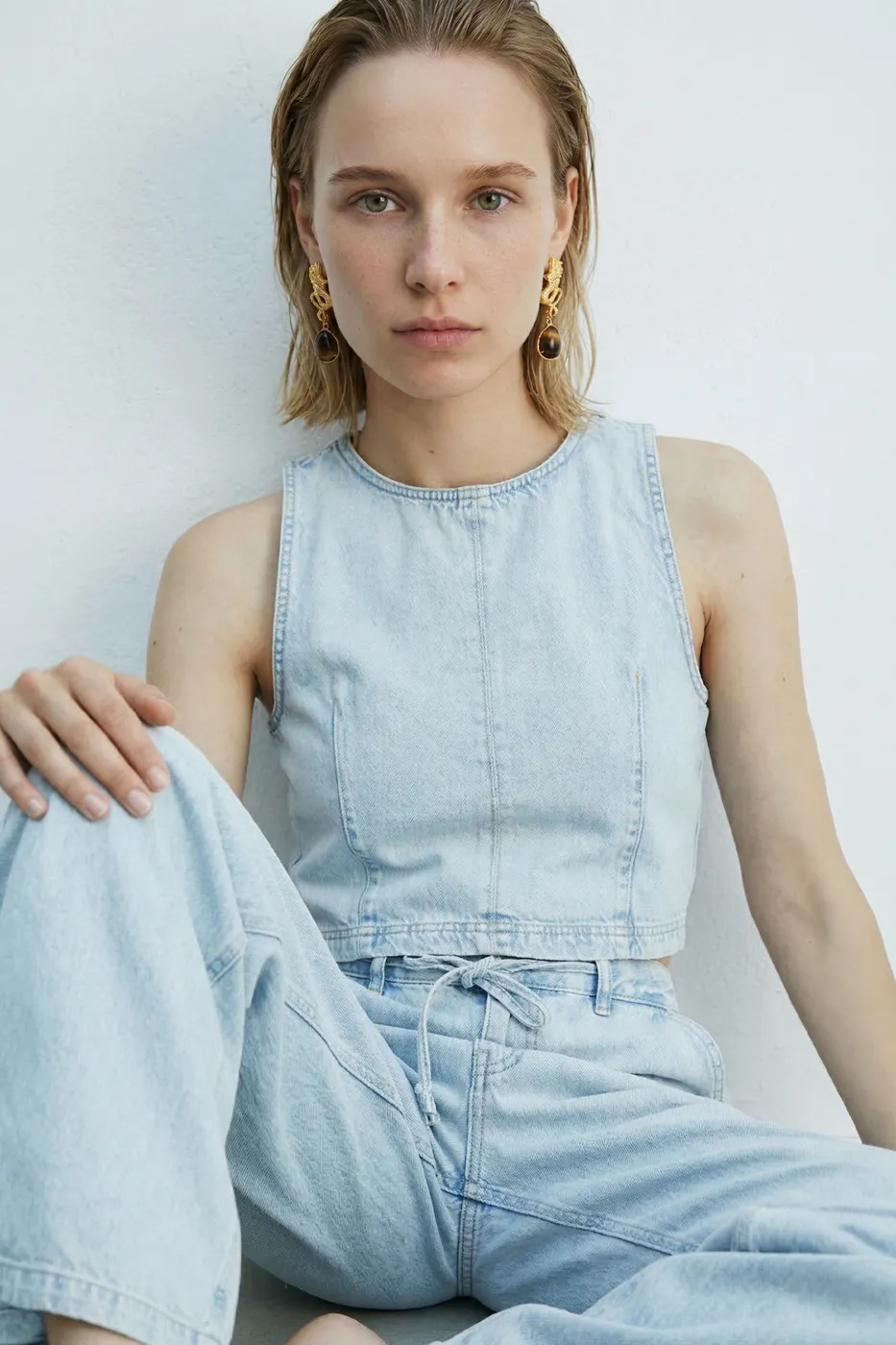 Bayan Mavi Bağcıklı Bol Denim Pantolon