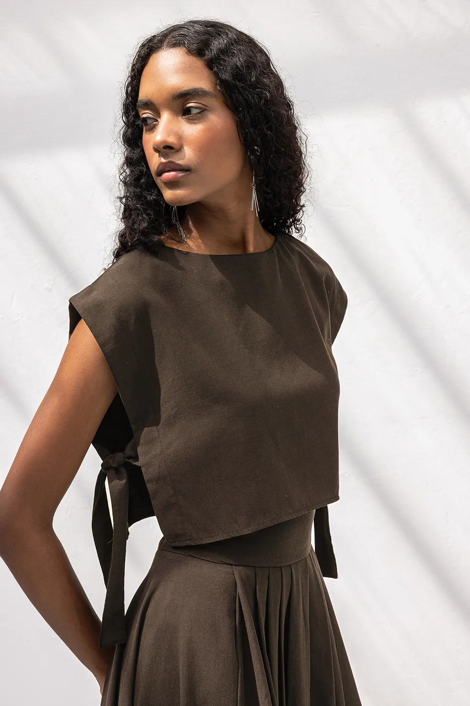 Bayan Kahverengi Yan Bağlama Detaylı Bluz