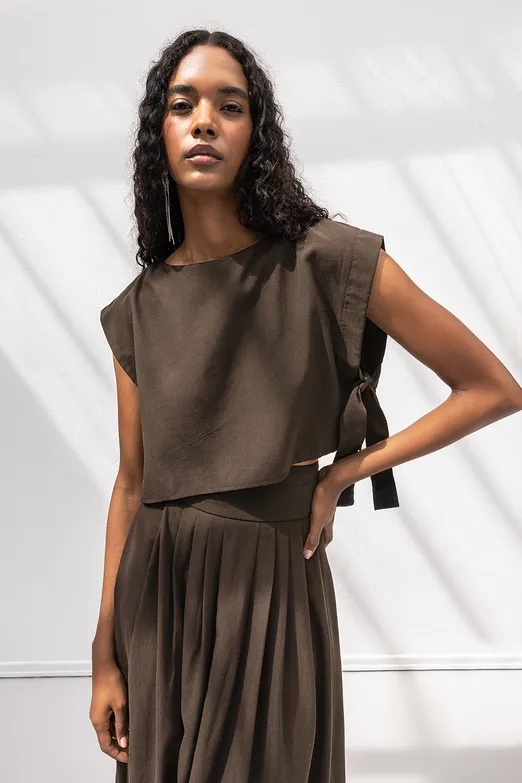 Bayan Kahverengi Yan Bağlama Detaylı Bluz - BSL