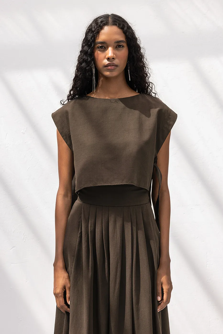 Bayan Kahverengi Yan Bağlama Detaylı Bluz