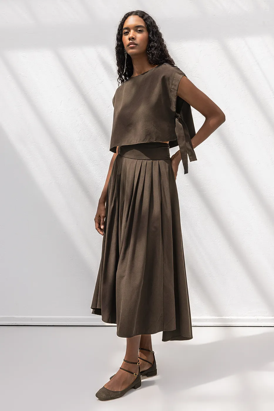 Bayan Kahverengi Pile Detaylı Midi Etek