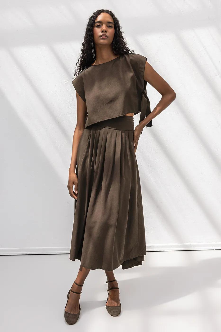 Bayan Kahverengi Pile Detaylı Midi Etek