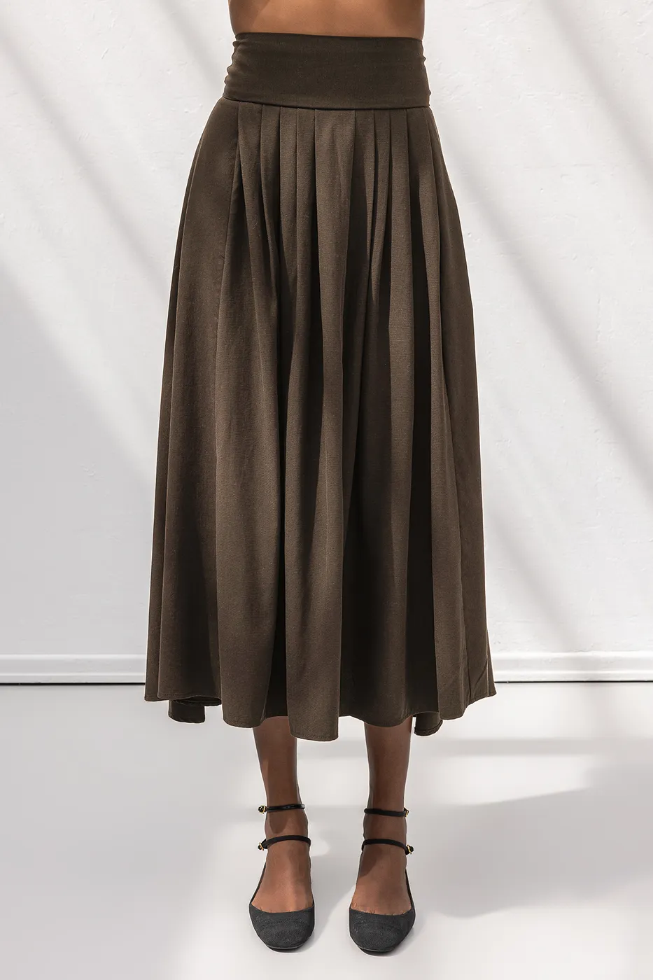 Bayan Kahverengi Pile Detaylı Midi Etek