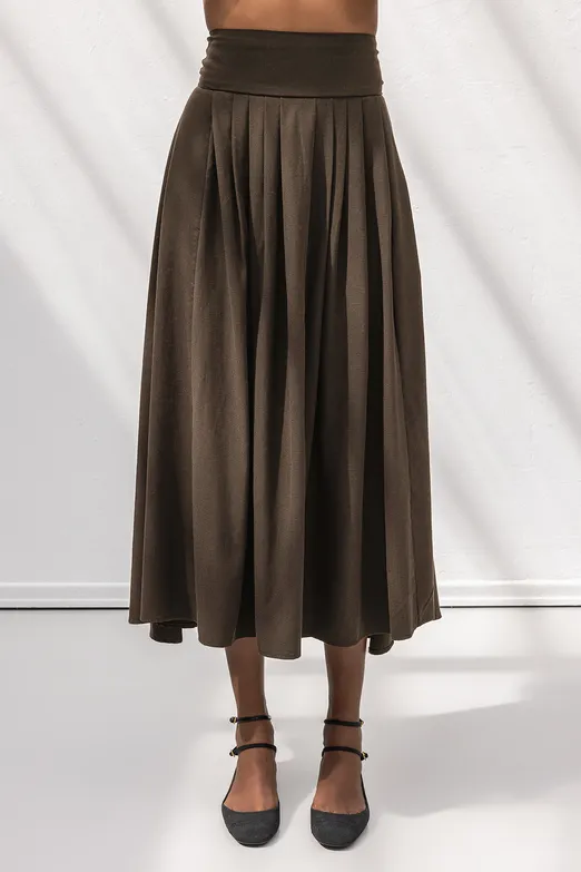 Bayan Kahverengi Pile Detaylı Midi Etek - BSL