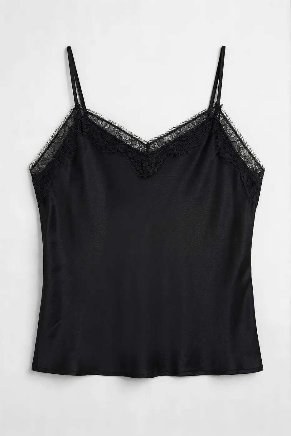 Bayan Siyah Dantel Detaylı Saten Askılı Bluz